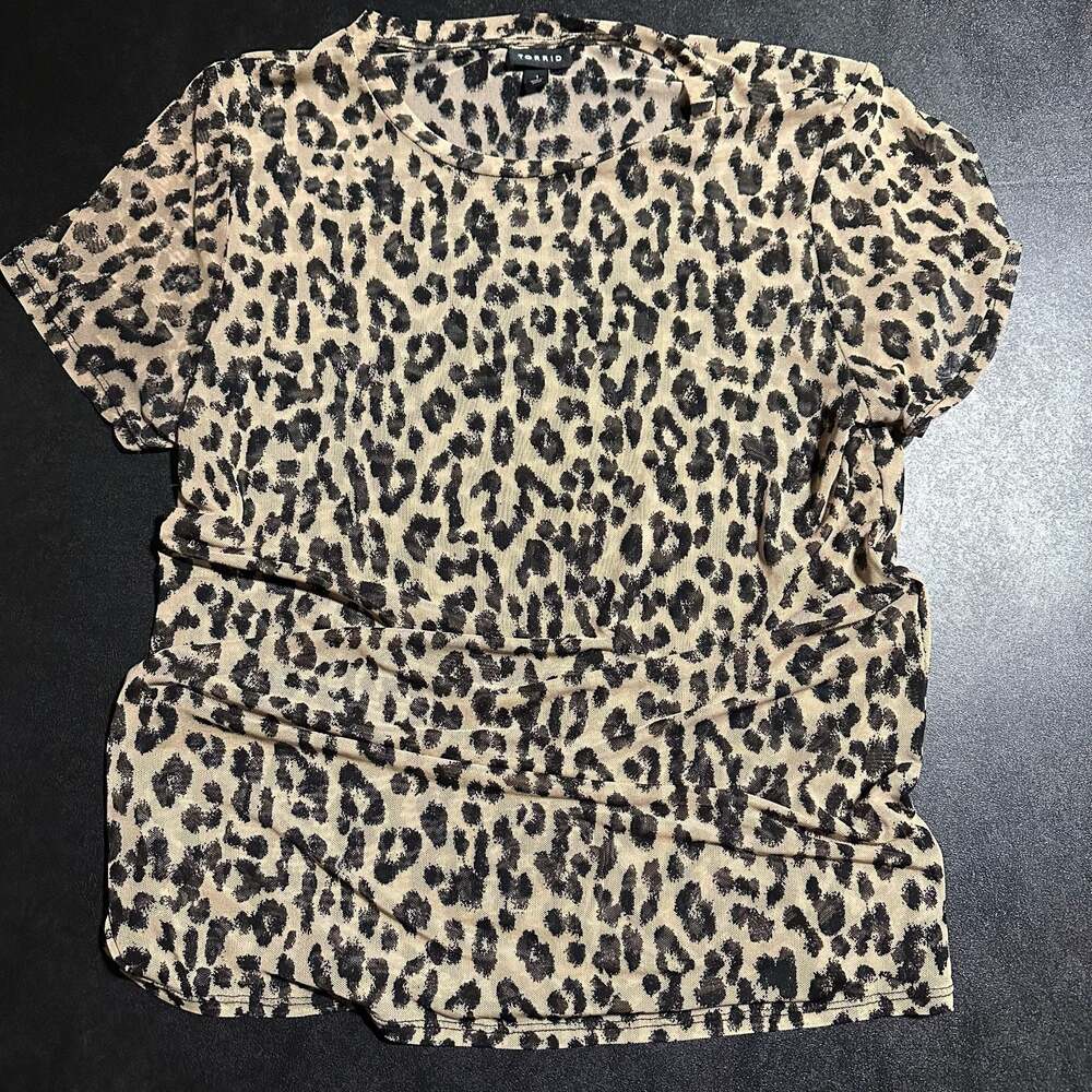 Torrid Leopard Print Short Sleeve Mesh Crew Neck Top